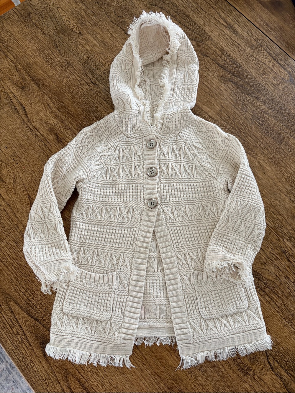 3T cream hooded coat Aztec design, fringe, little girls jacket